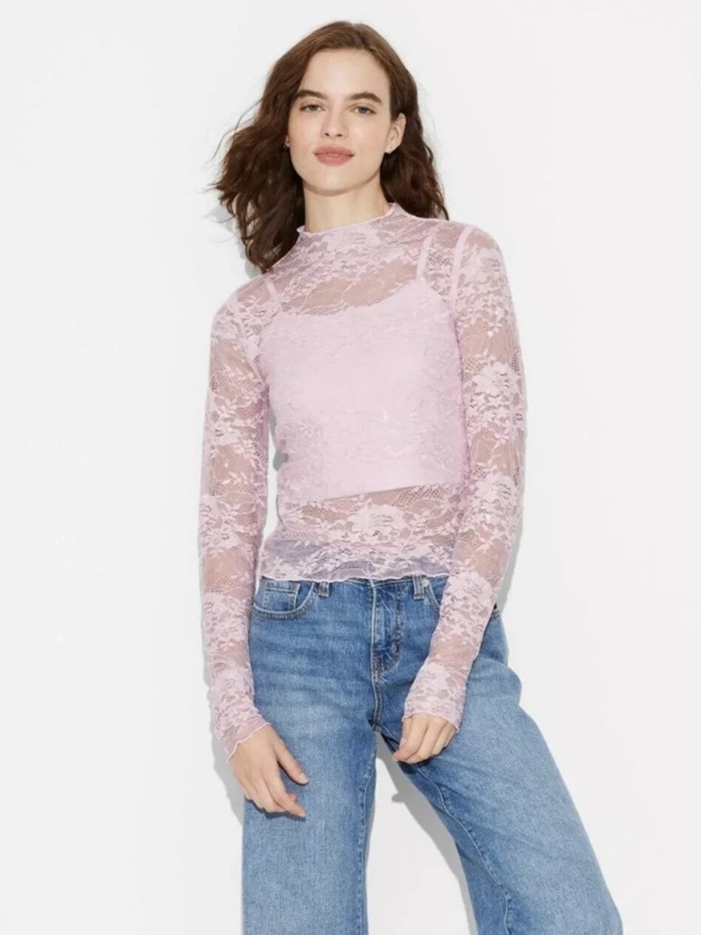 wild fable Sequin Light Pink Sheer Lace Long-Sleeve Top Size XS | NWT